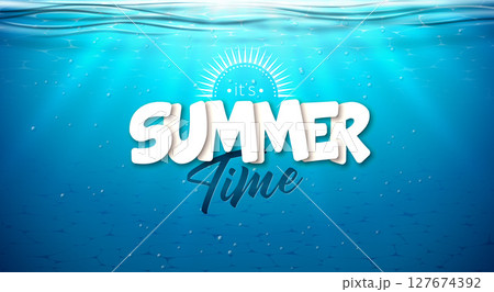 Summer Time Holiday Illustration with 3d Typography Letter on Underwater Blue Ocean Background. Realistic Vector Summer Vacation Design for Banner, Flyer, Invitation, Brochure, Party Poster or 127674392