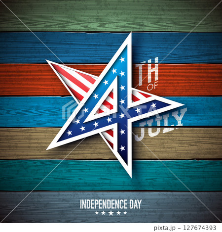 4th of July Independence Day of the USA Banner Design with American Flag Pattern Star symbol and Typography Lettering on Vintage Wood Background. Vector Fourth of July National Celebration 127674393
