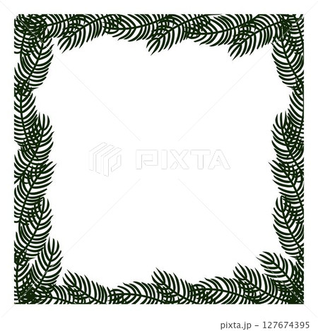 Spruce tree branches Frame square template. Vector graphic line ink illustration. Silhouette sign for logo, print, comics, fashion, pop art, boards, design, stickers, decoration, posters 127674395