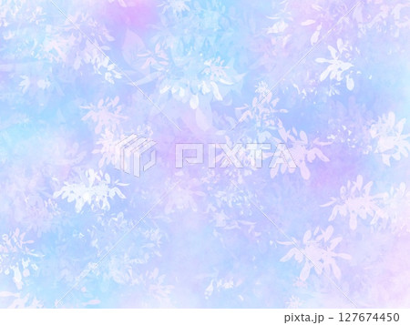 水彩風のブルーとパープルのグラデーション背景・植物模様（花と葉・抽象テクスチャ）1 127674450