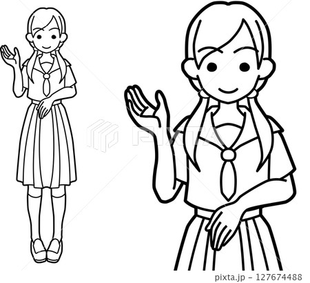 右手をあげて案内する女子高生線画 127674488