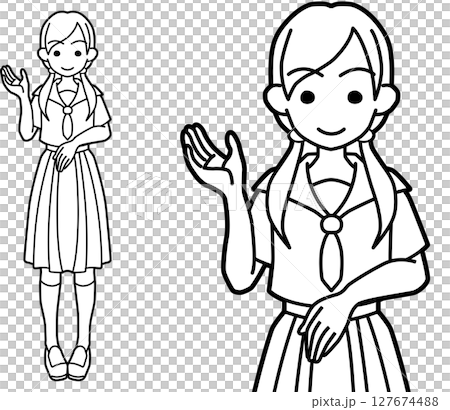 右手をあげて案内する女子高生線画 127674488