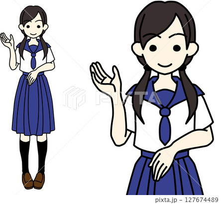 右手をあげて案内する女子高生 127674489