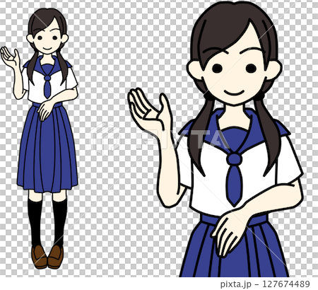 右手をあげて案内する女子高生 127674489