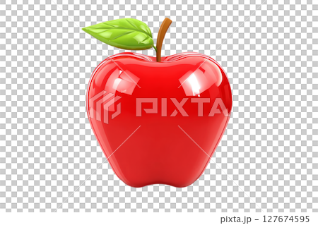 3D apple for teacher, shiny red with green leaf, cartoon icon, white background 127674595