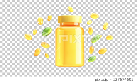 supplement bottle with glowing vitamins around it, clean white backdrop supplement bottle with glowing vitamins around it, clean white backdrop 127674603