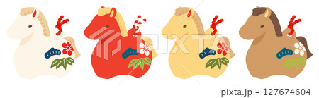 午の縁起物の土鈴飾り|年賀状お正月素材イラスト4カラーセット 127674604