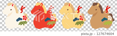 馬主題的幸運符黏土鈴鐺 | 新年賀卡插圖4色套裝 127674604