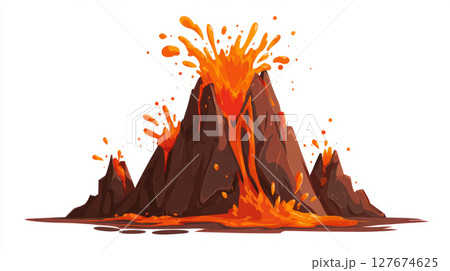 eruption with magma splash, jagged volcano edges, isolated white 127674625