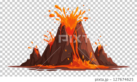 eruption with magma splash, jagged volcano edges, isolated white 127674625