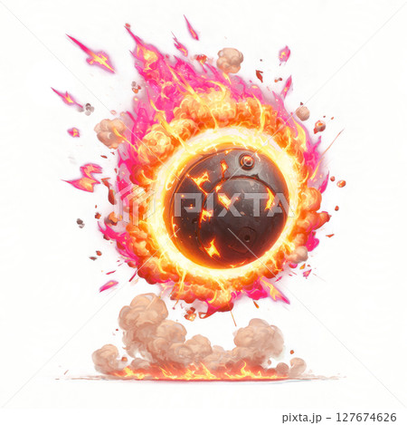 Cartoon-style flaming bomb with  fire ring and smoke trails 127674626