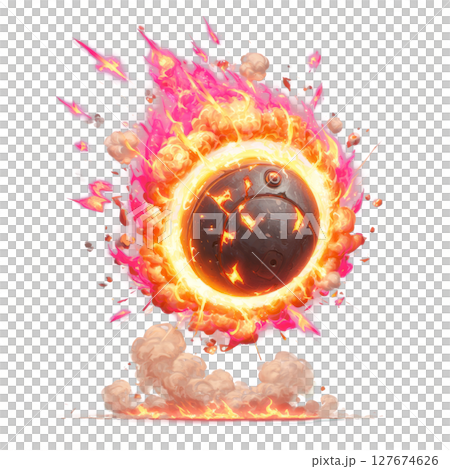 Cartoon-style flaming bomb with  fire ring and smoke trails 127674626