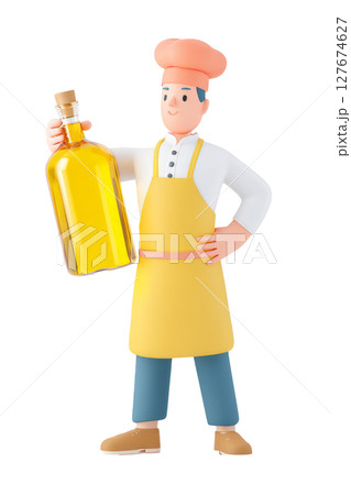chef holding a large bottle of cooking oil 127674627