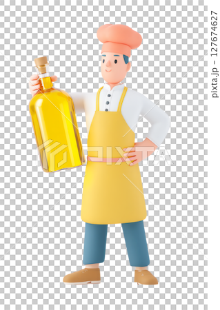 chef holding a large bottle of cooking oil 127674627
