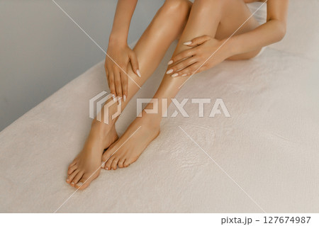 Wellness and beauty concept, beautiful slim woman in white underwear  127674987