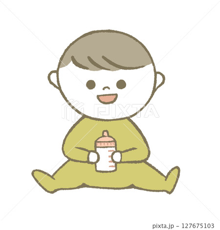 ミルクを持つ赤ちゃん 黄色 ミルクを持つ赤ちゃん 黄色 127675103