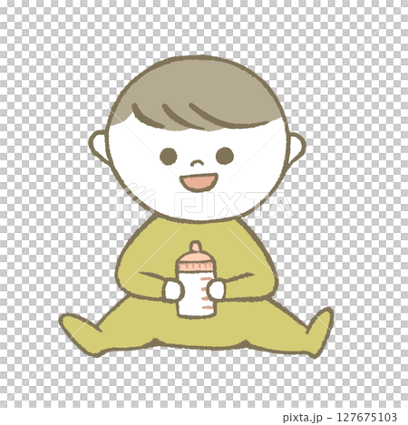 ミルクを持つ赤ちゃん 黄色 ミルクを持つ赤ちゃん 黄色 127675103