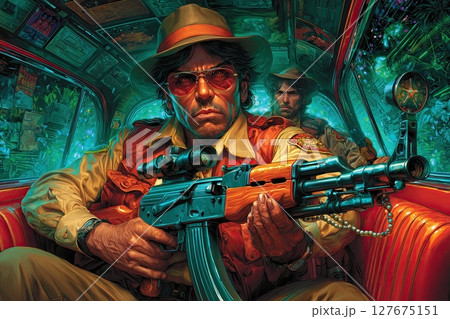 A beautiful border patrol officer with AK-47, lone driver sweating at checkpoint, jungle in background, pulp hard-boiled 1970s Latin noir style 127675151