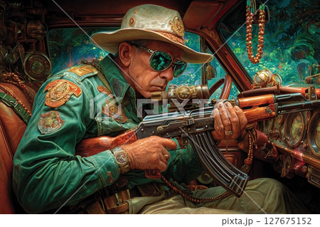 A beautiful border patrol officer with AK-47, lone driver sweating at checkpoint, jungle in background, pulp hard-boiled 1970s Latin noir style 127675152