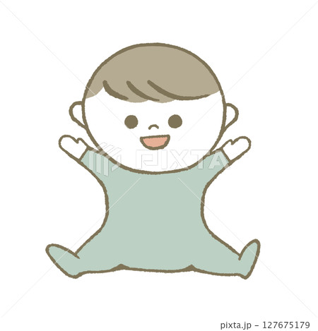 笑顔で座る赤ちゃん 水色 笑顔で座る赤ちゃん 水色 127675179