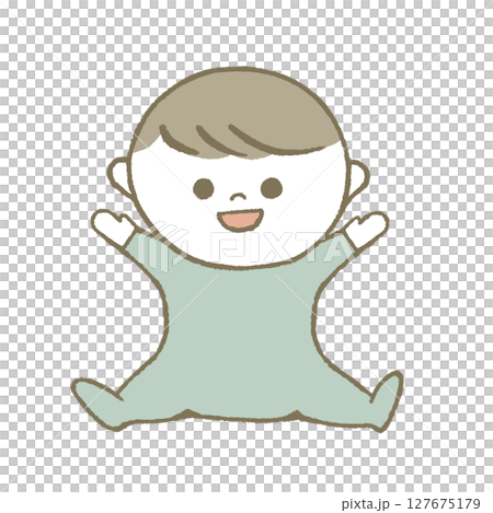 笑顔で座る赤ちゃん 水色 笑顔で座る赤ちゃん 水色 127675179