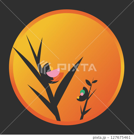 Black flowers in round frame. Vector illustration. 127675461
