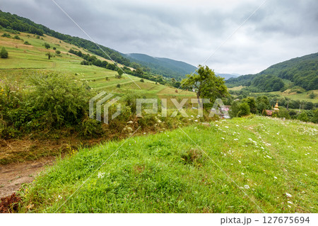 rural landscape with field on a hill in summer. stormy weather and overcast sky. green countryside with meadow on mountain. dark scene near village with dirt road and church rural landscape with field on a hill in summer. stormy weather and overcast sky. green countryside with meadow on mountain. dark scene near village with dirt road and church 127675694