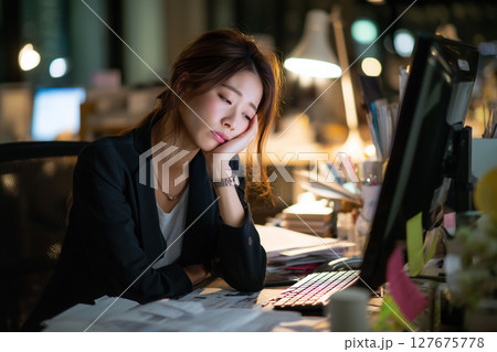 散らかったデスクで疲弊する若い女性会社員（AI生成画像） 127675778