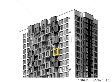 Apartment building in monochrome with one yellow window highlighted. Concept of individuality, Apartment building in monochrome with one yellow window highlighted. Concept of individuality, 127676012