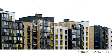 Building with panoramic windows and yellow wood facade. Modern apartment architecture featuring Building with panoramic windows and yellow wood facade. Modern apartment architecture featuring 127676055