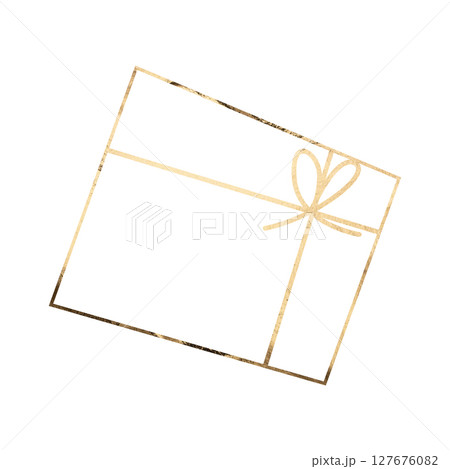 Golden gift box with ribbon and bow shown from top view in simple line art style. Luxury festive Golden gift box with ribbon and bow shown from top view in simple line art style. Luxury festive 127676082