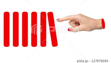 Hand controlling red domino blocks. Concept of manipulation, power, strategy, and authority in Hand controlling red domino blocks. Concept of manipulation, power, strategy, and authority in 127676084