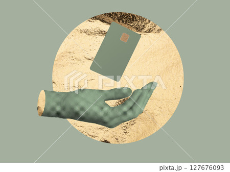 Hand holding bank card as symbol of finance and digital economy. Modern collage with halftone Hand holding bank card as symbol of finance and digital economy. Modern collage with halftone 127676093