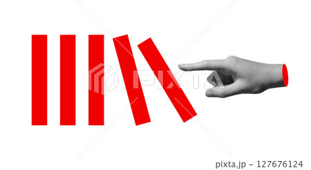 Hand pointing finger pushing red domino blocks. Abstract concept of chain reaction, cause and effect 127676124