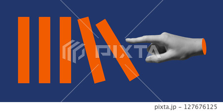 Hand pushing orange domino blocks in dark blue background. Concept of bad decision, chain reaction, Hand pushing orange domino blocks in dark blue background. Concept of bad decision, chain reaction, 127676125
