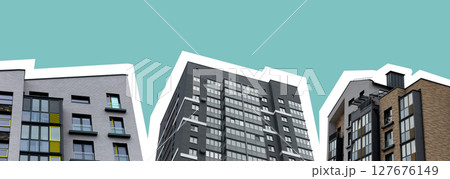 modern condo buildings with blue concrete facade and tall structure. Contemporary urban architecture 127676149