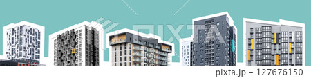 modern condo buildings with concrete facade and panoramic blue sky backdrop. Contemporary urban modern condo buildings with concrete facade and panoramic blue sky backdrop. Contemporary urban 127676150