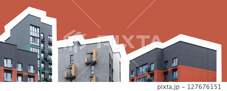 modern condo buildings with concrete facade and window pattern. Contemporary collage art 127676151