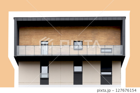 Modern penthouse building with wood and glass balconies, black and beige facade. Contemporary top Modern penthouse building with wood and glass balconies, black and beige facade. Contemporary top 127676154