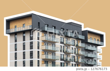 Stylish apartment building with balconies and glass windows. Modern urban housing collage Stylish apartment building with balconies and glass windows. Modern urban housing collage 127676173