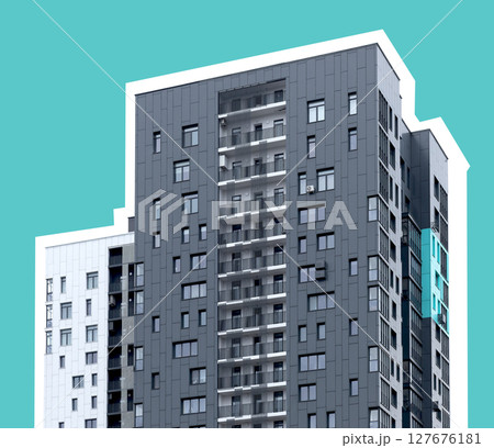 Tall modern apartment building with structured facade and multiple windows. Urban highrise Tall modern apartment building with structured facade and multiple windows. Urban highrise 127676181