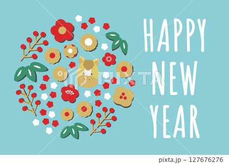 花と植物と馬のイラスト　年賀状デザイン　2026　午年 127676276