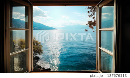 Beautiful sea view from the open window Beautiful sea view from the open window 127676318