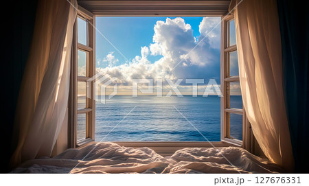 Beautiful sea view from the open window 127676331