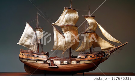 Wooden Ship Toy model. Hobbies and collecting concept 127676332