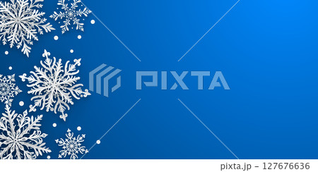 Christmas illustration with paper snowflakes on blue. Christmas illustration with paper snowflakes on blue. 127676636