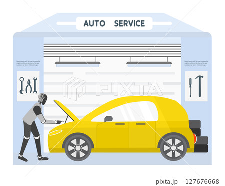 Auto service shop with mechanic working on yellow car in garage setting background 127676668
