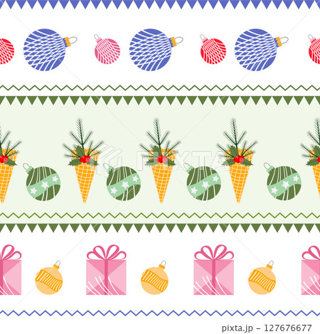 Christmas pattern with ornaments, gifts, and pinecone decorations on white background Christmas pattern with ornaments, gifts, and pinecone decorations on white background 127676677