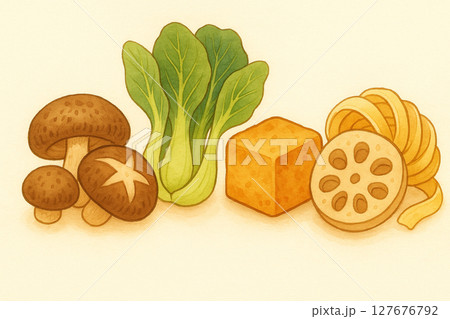 Malatang Ingredients Mushroom, Bok Choy, Tofu, Lotus Root, Noodles 127676792
