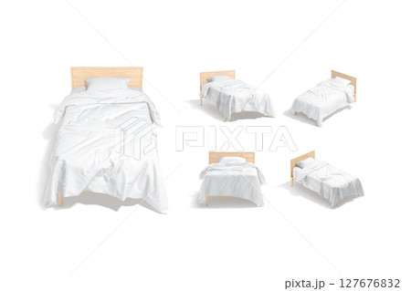 Blank wooden single bed with white bedding mockup, different views Blank wooden single bed with white bedding mockup, different views 127676832